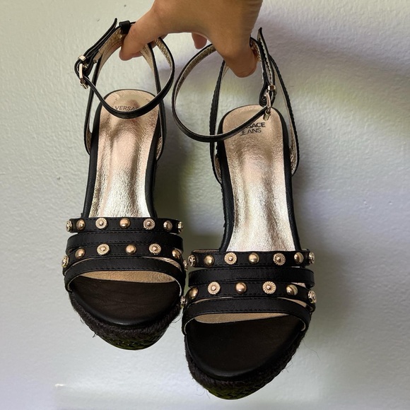 Versace Jeans Collection Black Wedge Heels with Gold Accents - Picture 5 of 8